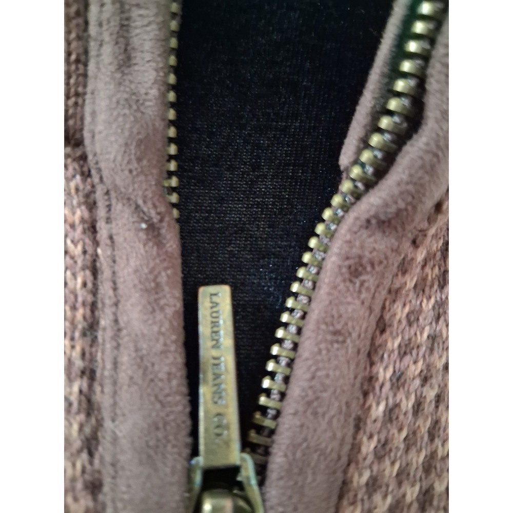 Ralph Lauren LRL Brown Plaid Full Zip Cardigan Suede Patch Sweater Womens Small - Picture 4 of 11